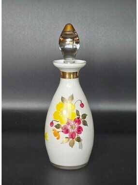 Hand-Painted Czech Floral Glass Perfume Bottle Gold Accents & Glass Stopper 7 in